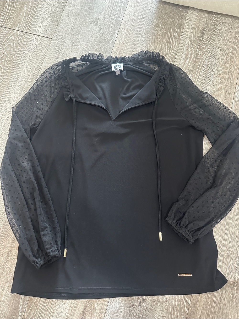 Anne Klein Black Sheer Dot Sleeve V-Neck Tie Blouse